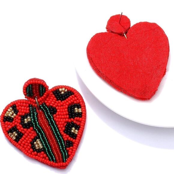 Red and Multicolor Beaded Boho Heart Leopard Print Dangling Post Back Earrings - Picture 4 of 7